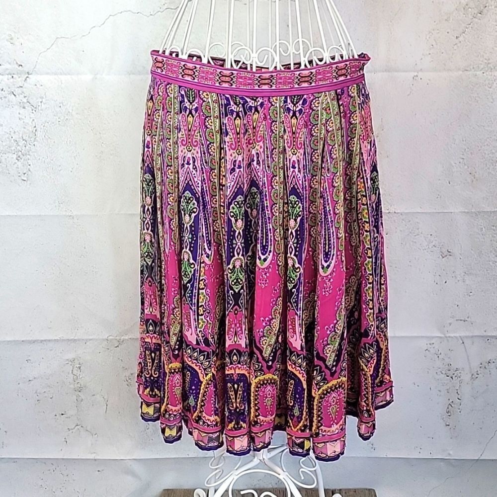 Eci New York boho chic midi skirt in pink purple ethnic print Women's Size 10P